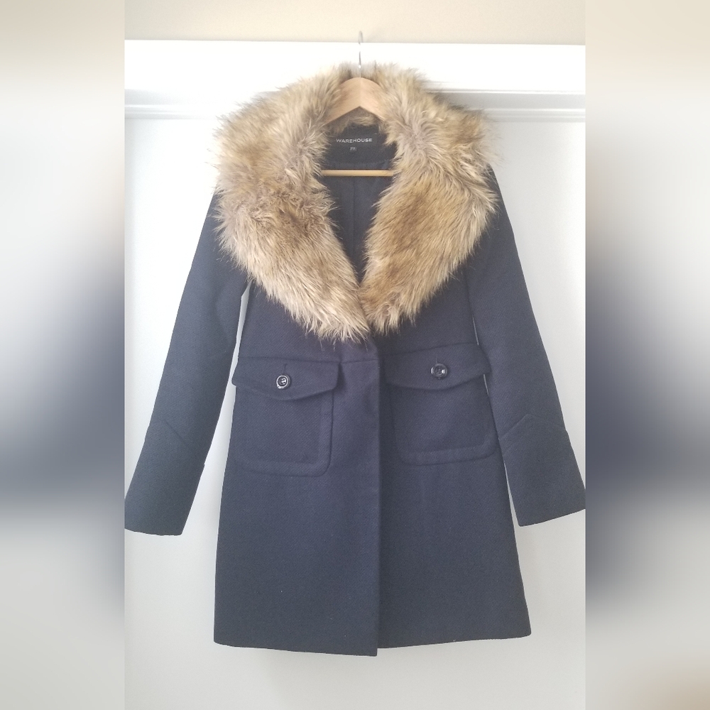 Warehouse Women's Navy Trench Coat with Faux Fur Collar